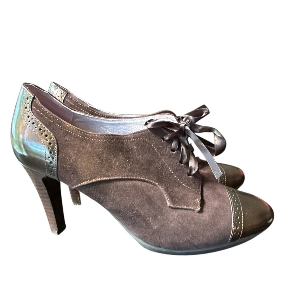 ▶️ JOHNSTON & MURPHY ◀️ Chocolste Brown Suede Oxford  Patent Heels Lace up 7.5